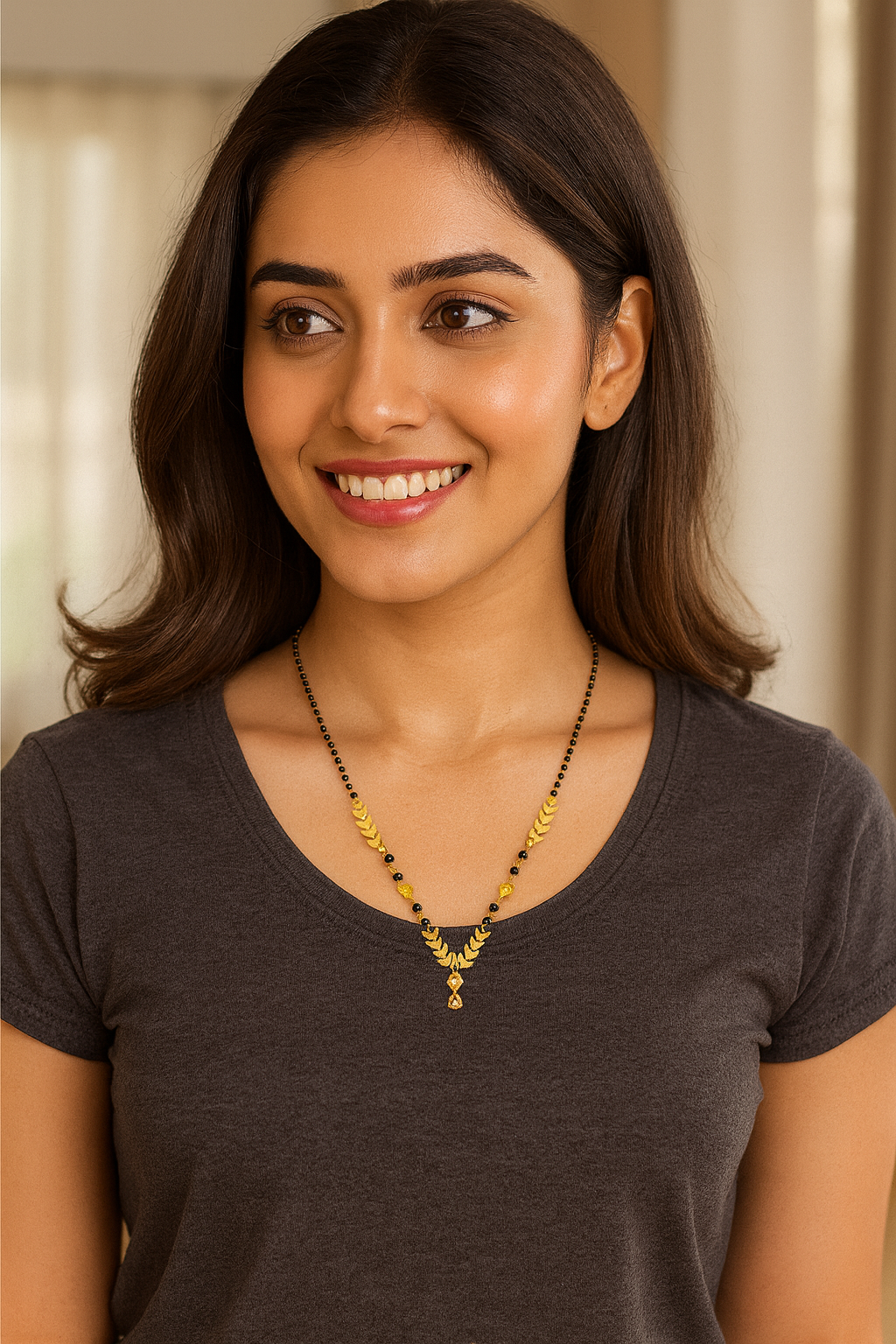 Short Mangalsutra Designs Gold Plated Latest Eila Leaf Layer Pendent Latkan Single Line Mangalsutra