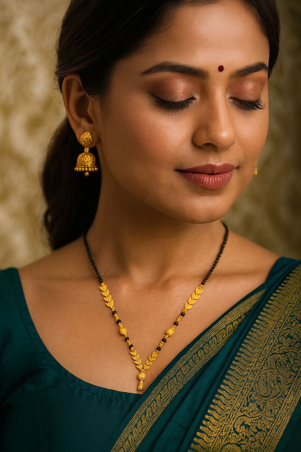 Short Mangalsutra Designs Gold Plated Latest Eila Leaf Layer Pendent Latkan Single Line Mangalsutra