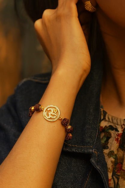 Gold AD Round OM Pendant Mens Rudraksha Bracelet