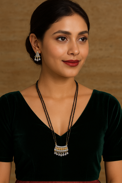 Long Mangalsutra Designs Gold Plated Latest American Diamond Pendant 27 Inches Mangalsutra Set