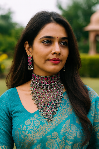 Masoom Minawala Oxidized Silver Afghani Choker and Earring Set