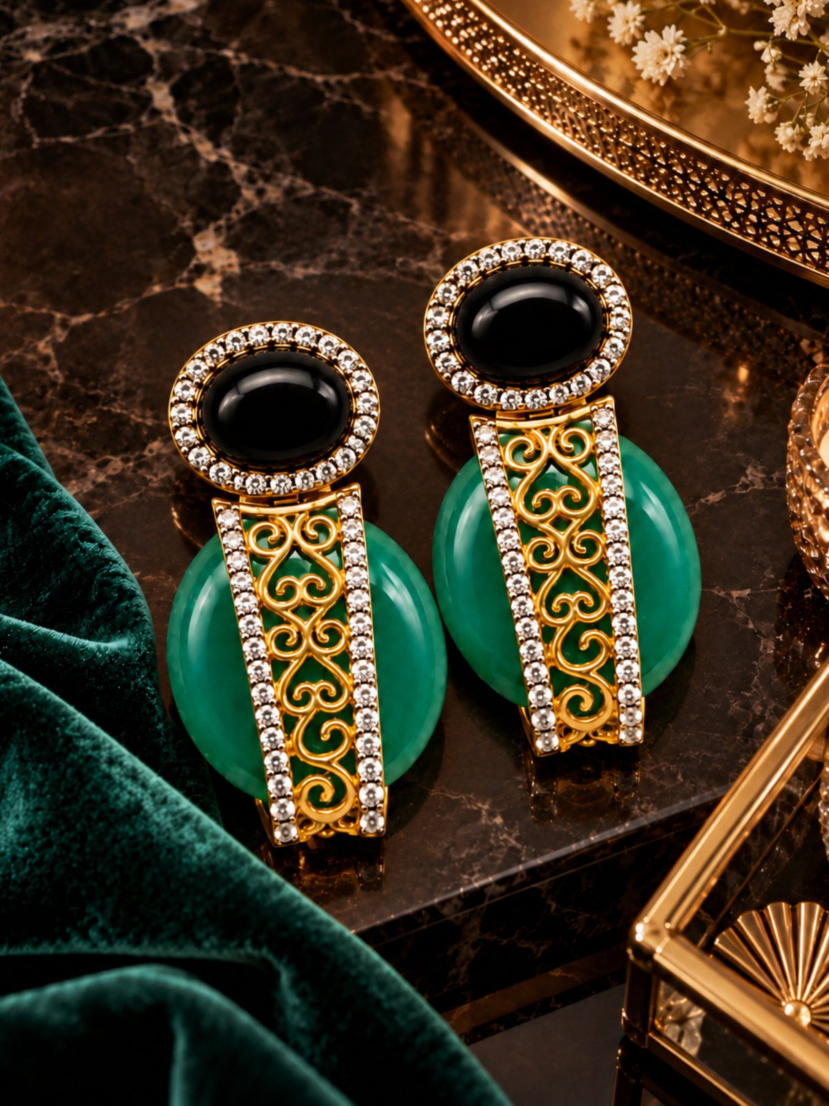 Black and Green Stone Diamond Earrings for Women