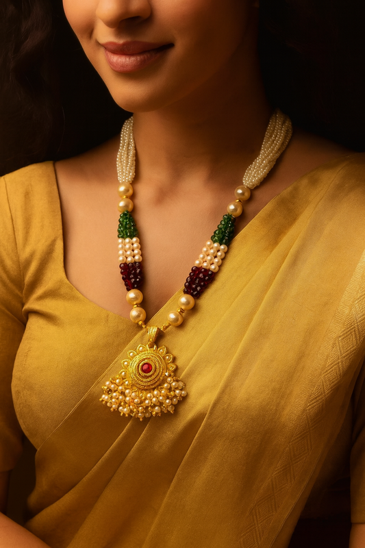 Gold Plated Necklace with Designer Pendant Pink Stone Multicolor White Pearl Bead Mala Necklace