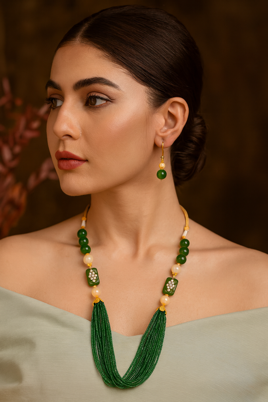 Latest Short Necklace Set Designs in Gold Finish Kundan Polki Pendent Pearls & Beads Necklace & Earrings