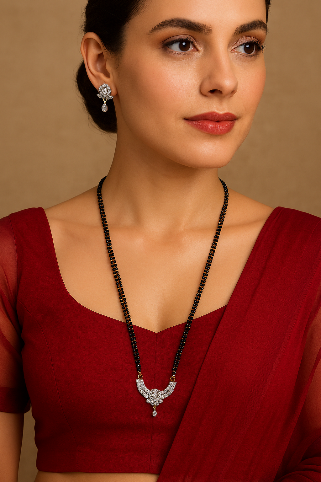 American Diamond Long Fancy Mangalsutra & Earrings