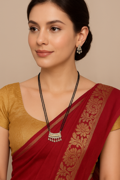 Long Mangalsutra Designs Gold Plated Latest American Diamond Pendant 27 Inches Mangalsutra Set