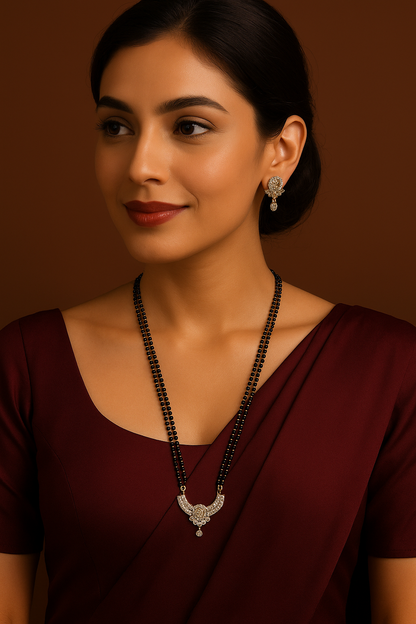 American Diamond Long Fancy Mangalsutra & Earrings