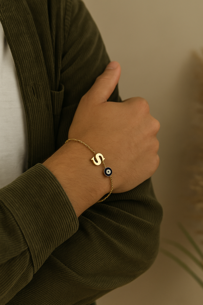 Name Initial Letter Bracelet Rakhi With Blue Evil Eye Charm