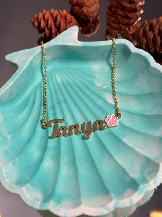 24k Gold Plated Enamel Custom Name Necklace with Animal Paw