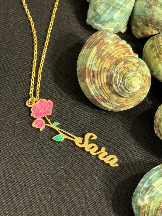 24k Gold Plated Enamel Custom Name Necklace with Birth Flower