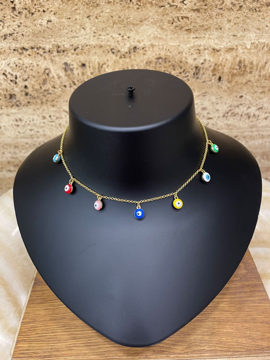 Gold Plated Necklace with Multi-color Evil Eye Charms