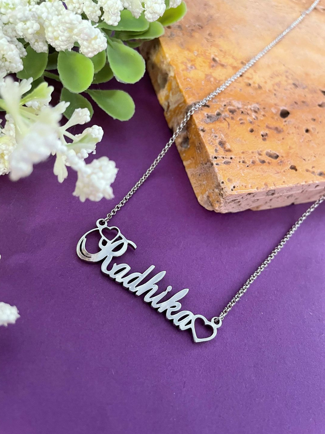 Cursive Silver Plated Name Necklace With 2 Hearts