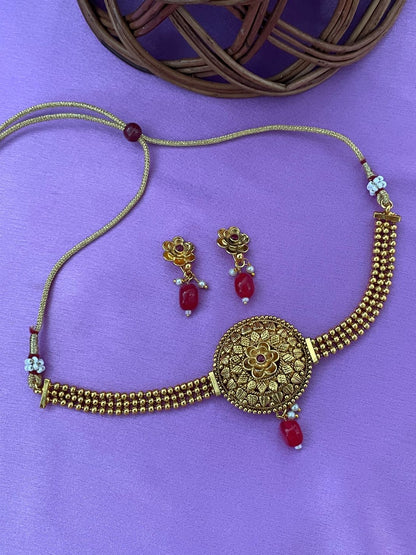 Gold Plated Choker Necklace & Earrings Set Floral Design Pendant