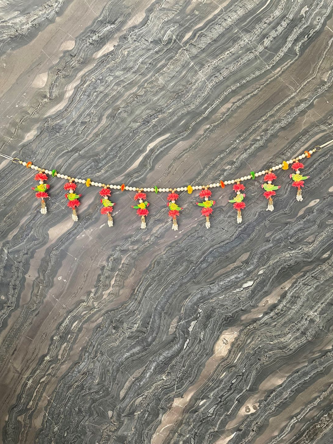 Gold & Pearl Beads With Orange flower  & Parrots Toran For Door Hangings Diwali Decoration with Hanging Crystal Balls