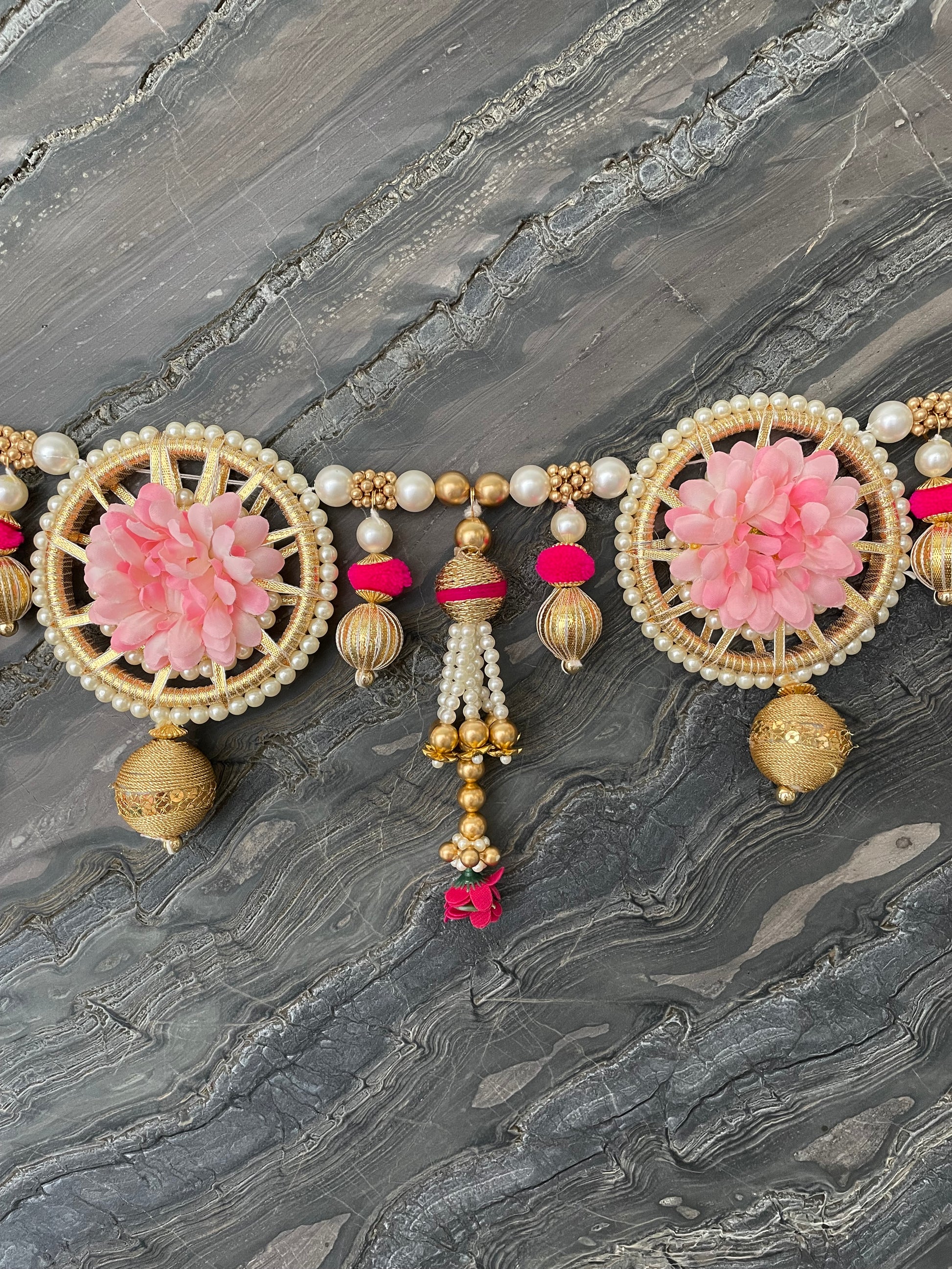 Pink Flower Toran For Door Hangings Diwali Decoration with Pearl & Gold