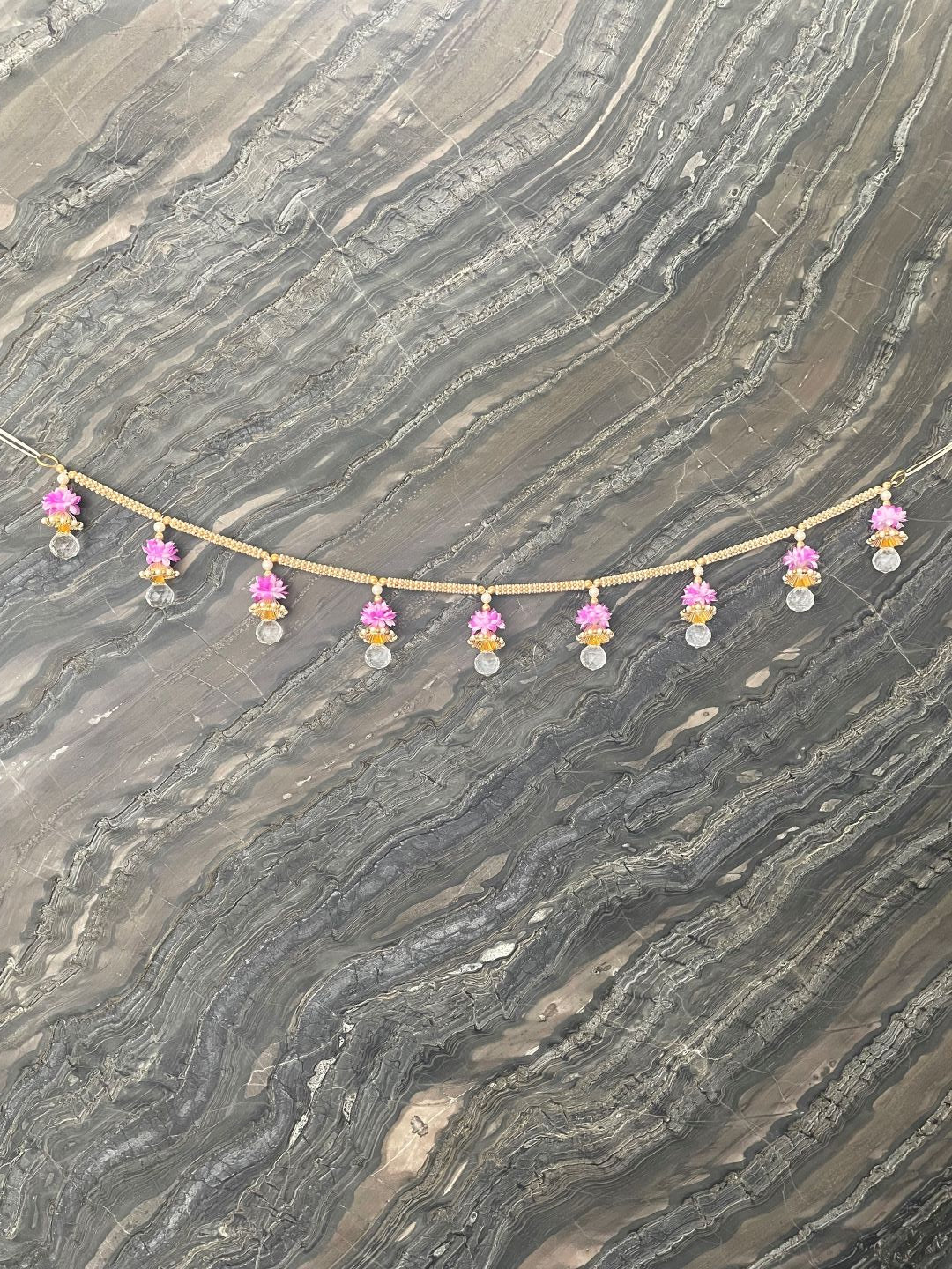 Gold & Pearl Beads With Purple flower Toran For Door Hangings Diwali Decoration with Hanging Crystal Balls