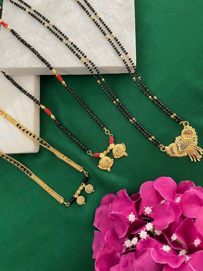 Combo Offer (Set of 3) Gold-Plated Black Beads Long 2 Vati Pendant Mangalsutra | Gold Pendant Necklace