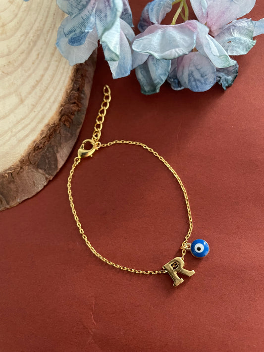 Custom Gold-Plated Personalized Name Initial Bracelets With Evil Eye