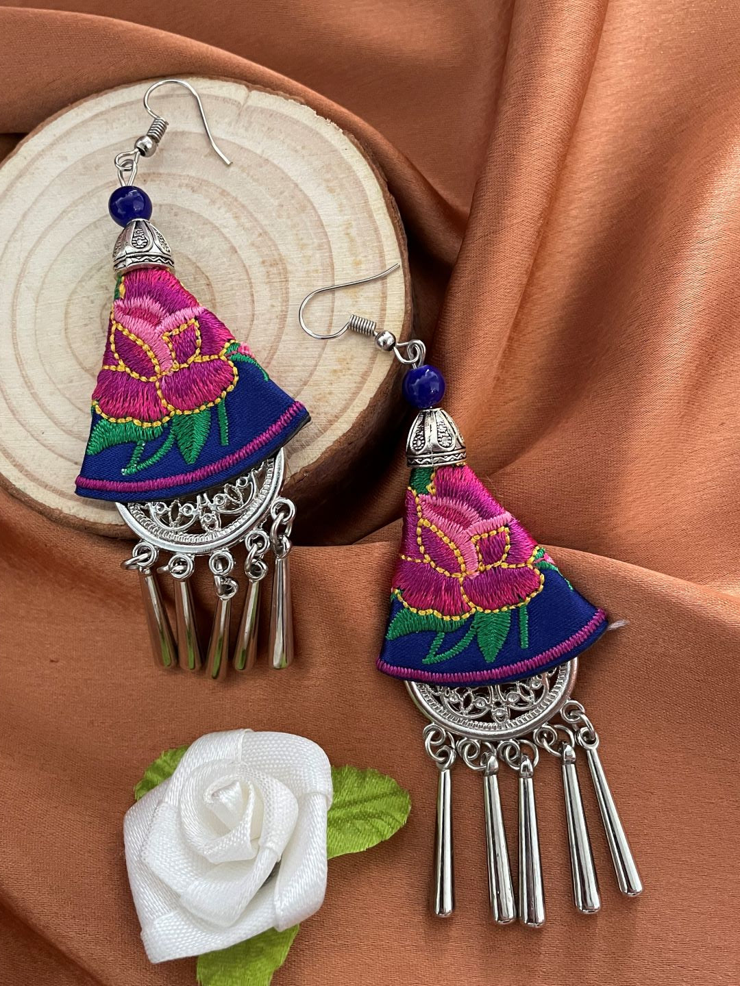 Ethnic Embroidered Earring with Silver Danglers