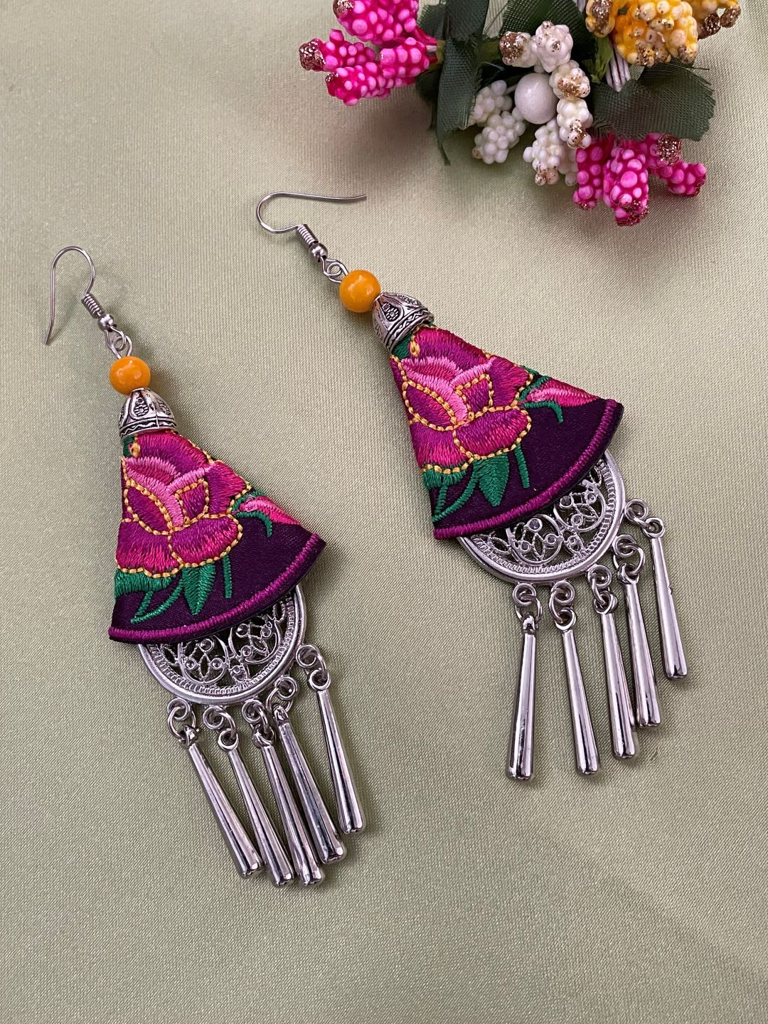 Ethnic Embroidered Earring with Silver Danglers
