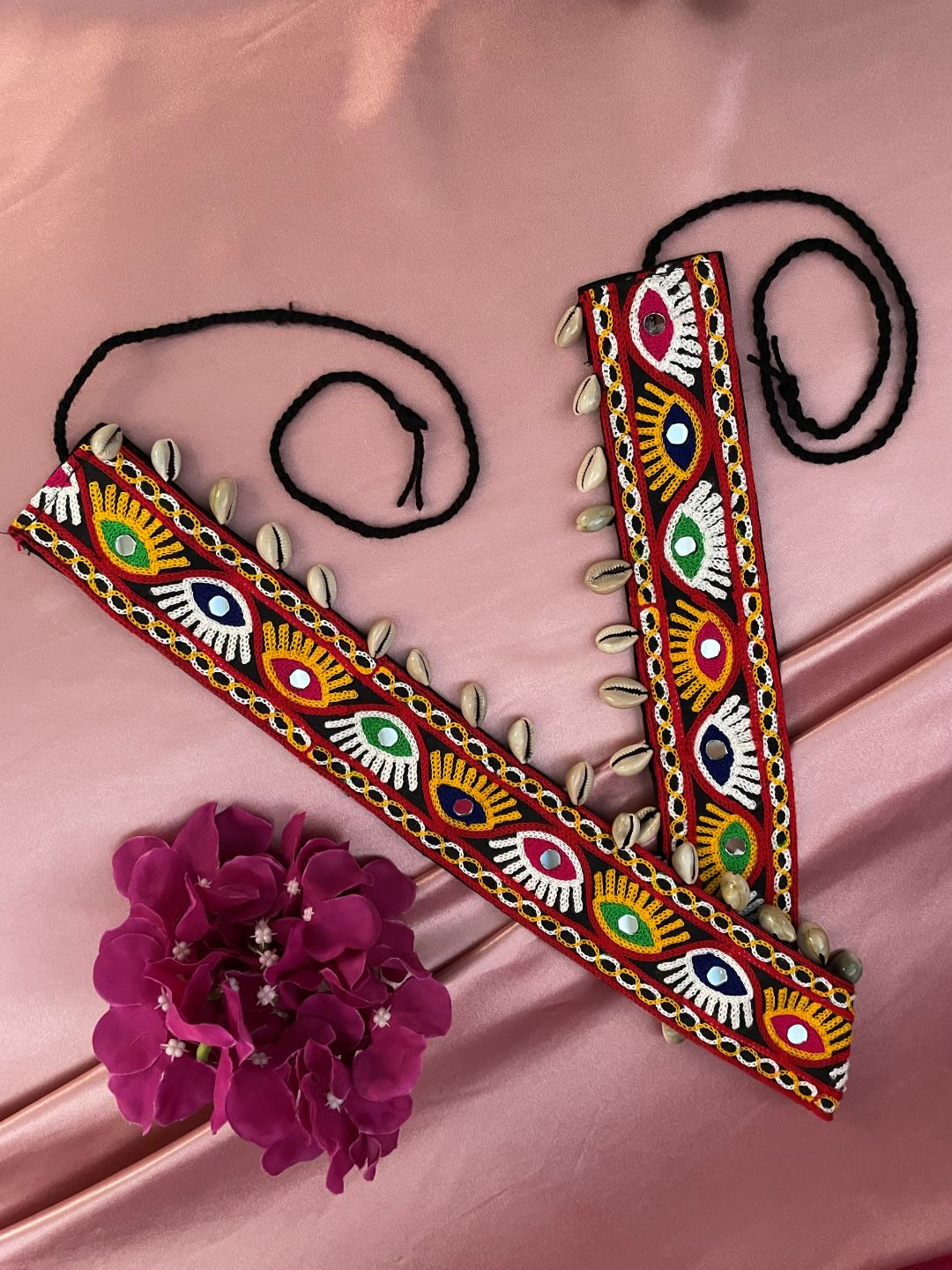 Navratri Garba Dandiya Multi Color Fabric & Embroidery Evil Eye Mirror Work Banjara Waist Belt Kamar Bandh