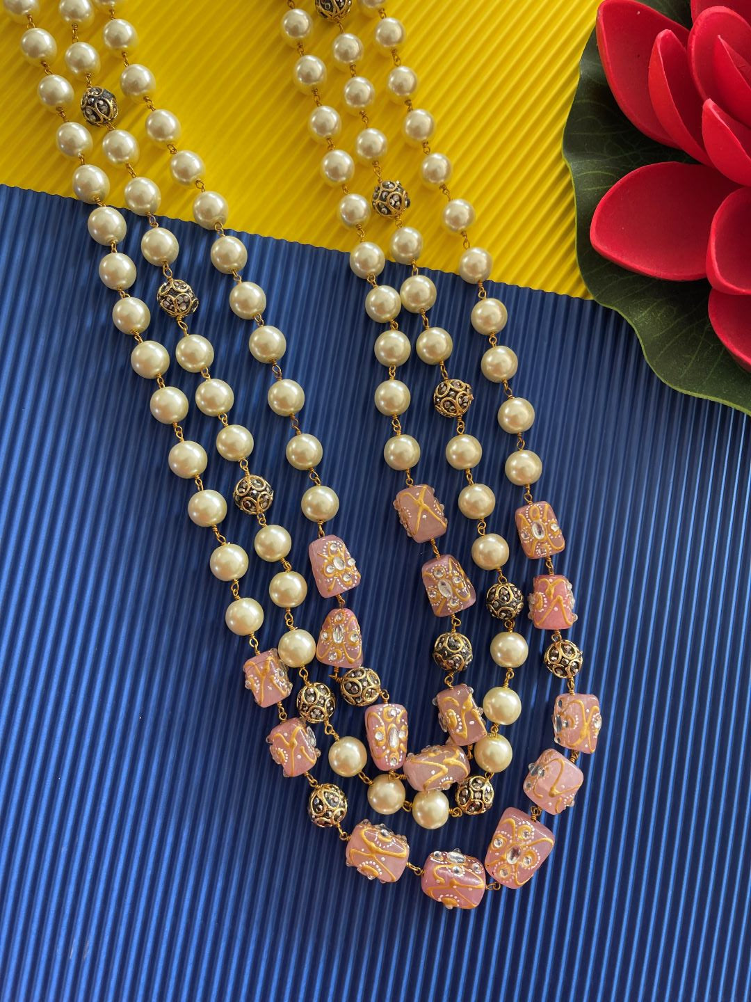 3 Line Handpainted & Kundan Light Blue stones and Pearls Necklace