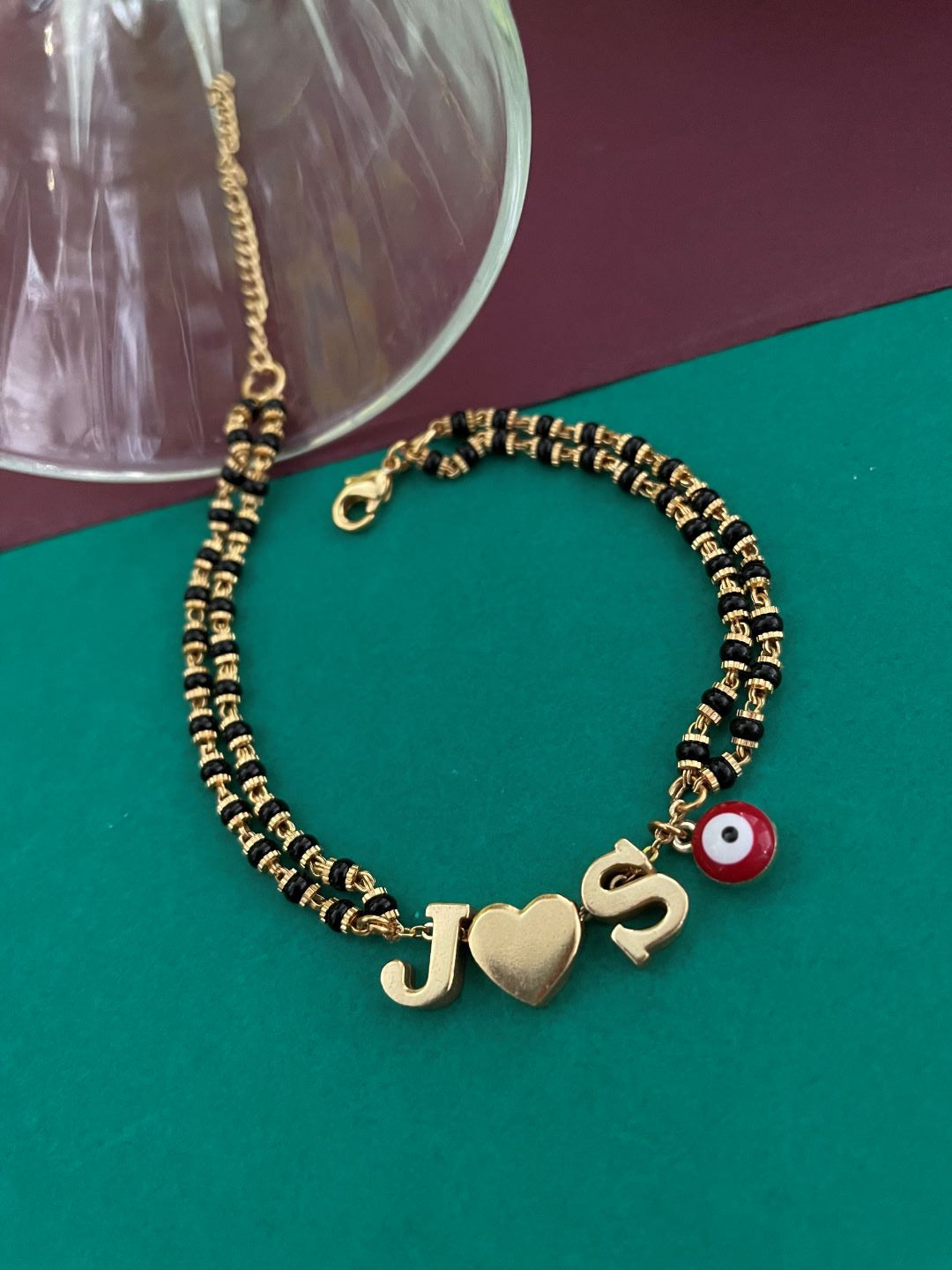 2 Initial Alphabet & Heart Mangalsutra Bracelet With Evil Eye
