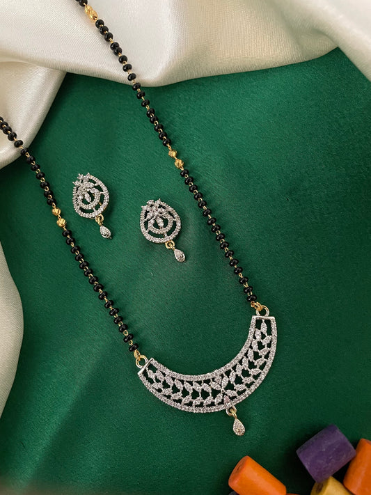 American Diamond Flower Pendant Long Long Mangalsutra Set