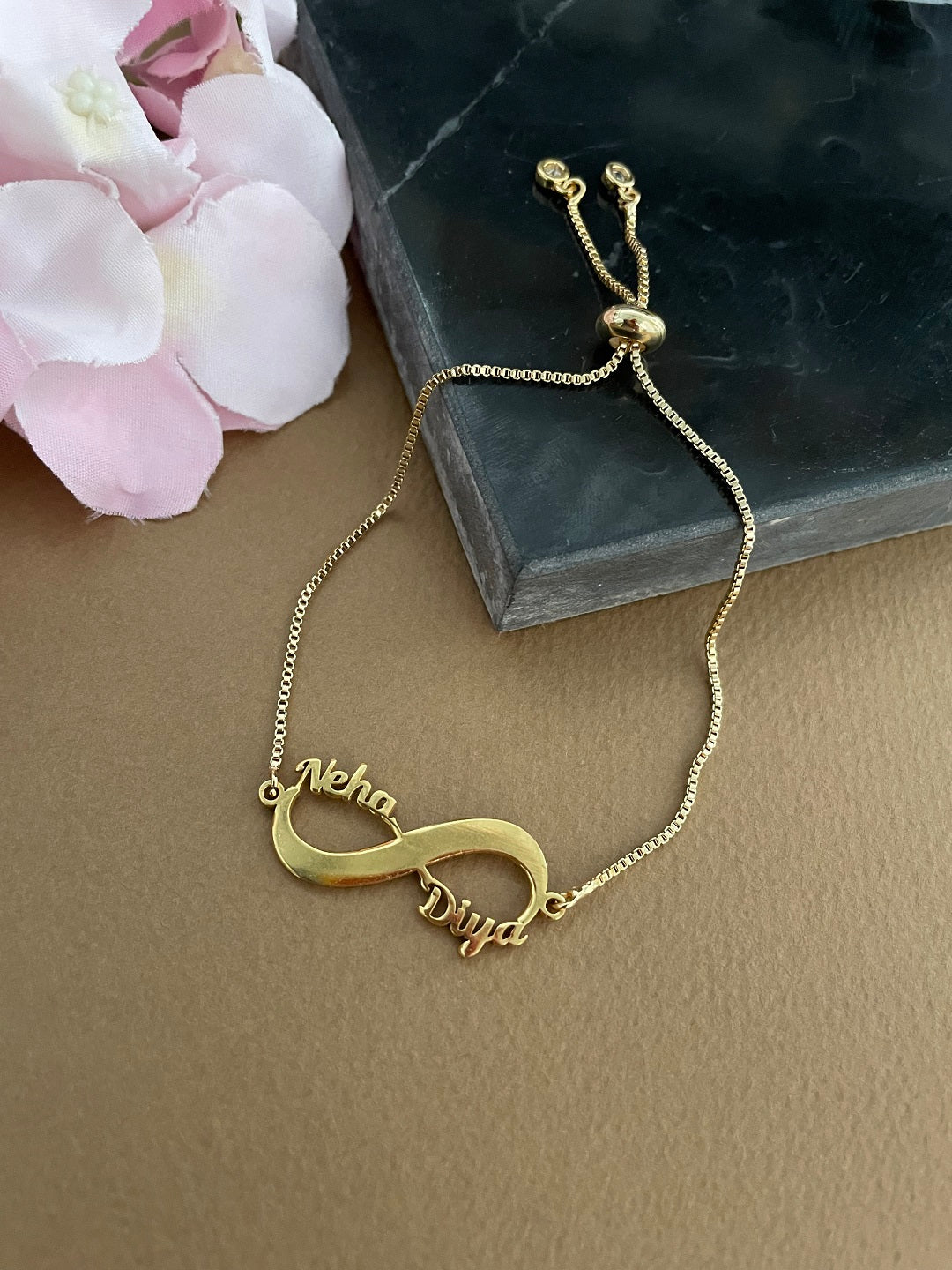 Custom 2 Name Infinity Gold Plated Pendant in Adjustable Bracelet