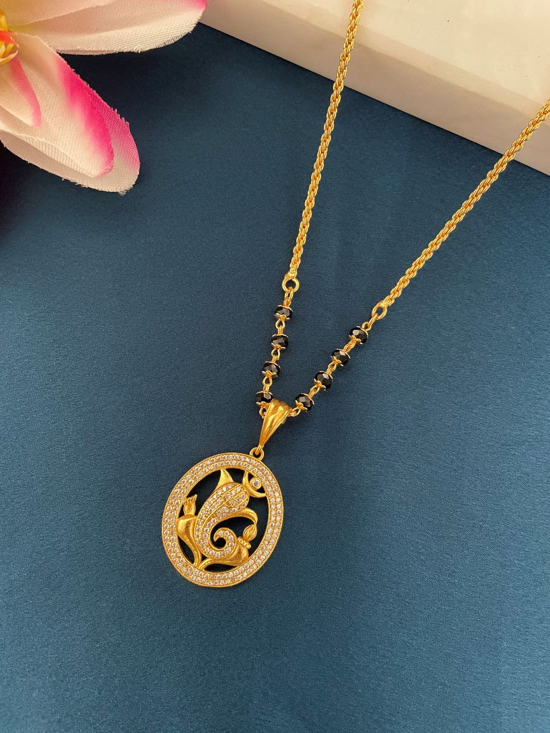 American Diamond Long Mangalsutra Designs Ganesha Pendant Crystal Black Beads Gold Chain