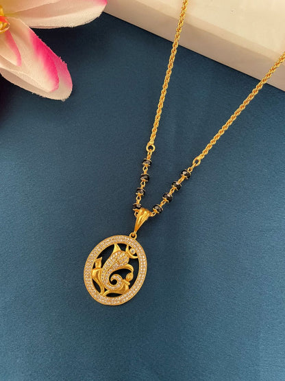 American Diamond Long Mangalsutra Designs Ganesha Pendant Crystal Black Beads Gold Chain