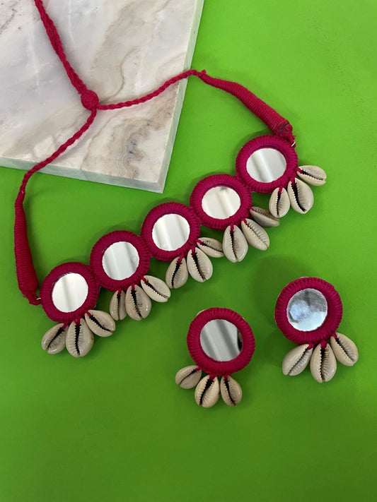 Navratri Garba Dandiya Pink Embroidery Mirror Work Banjara Choker Necklace & Earring Set With Sea Shells