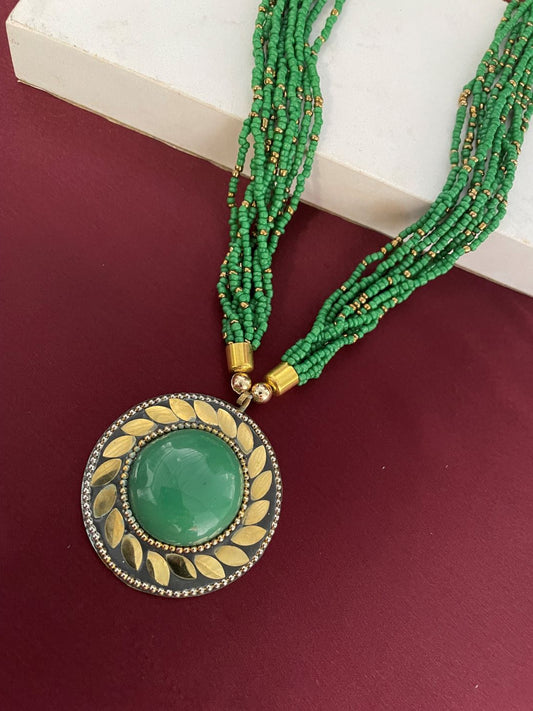 Afghani Tibetan Necklace Gold Plate Brass Green Pendant With Green Beads