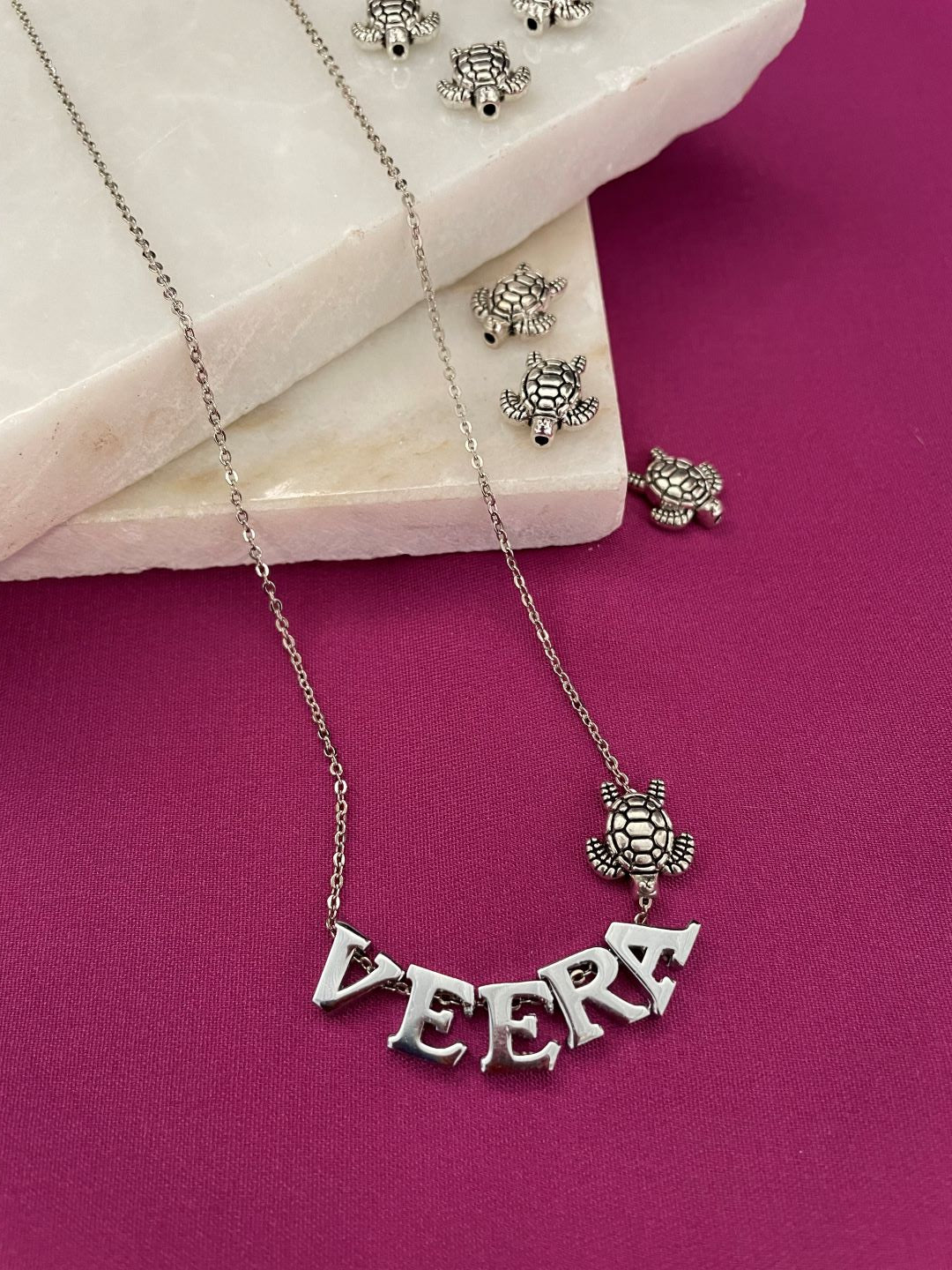 Silver-Plated Custom Name Necklace With A Turtle Charm