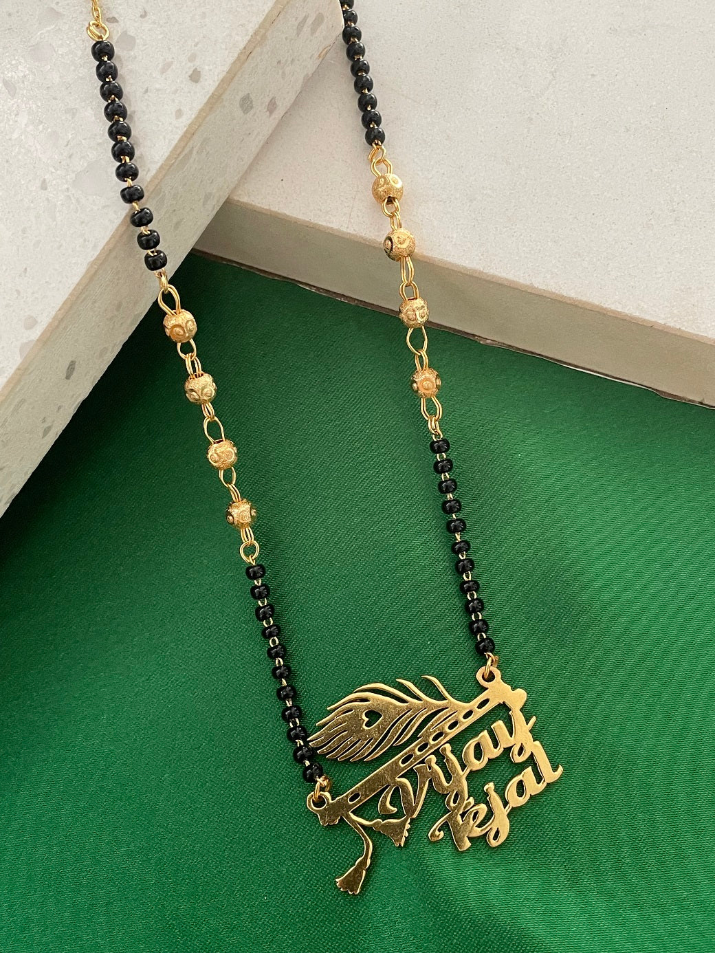 Custom Made Krishna Necklace With Peacock Feather & Personalized Name Mangalsutra