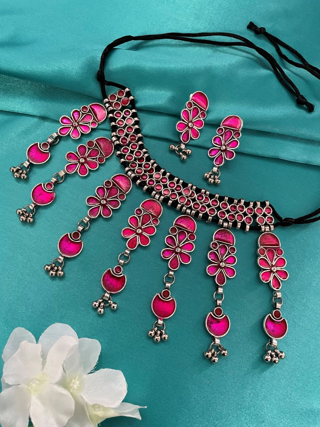 Hot Pink Magenta Monalisa Choker Necklace Jhumki Tikka Set – Amazel Designs