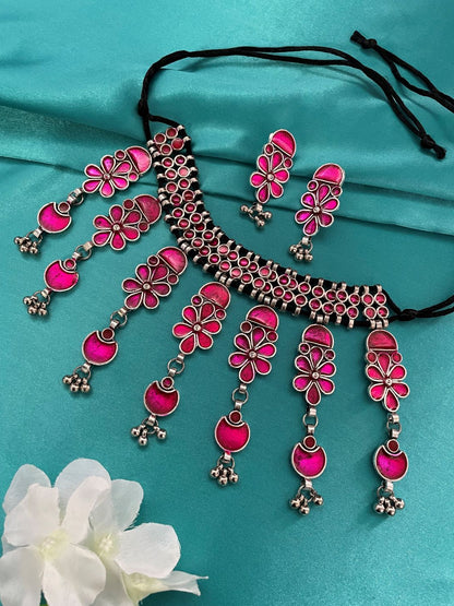 Oxidized Pink Choker Necklace & Earring Set