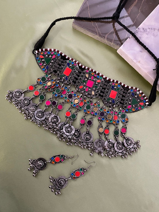 Heavy Colourful Afghani Choker Necklace Set