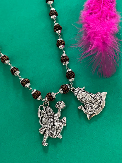 Lord Hanuman & Lord Shiva Pendant in Silver Plated Rudraksha Mala Chain