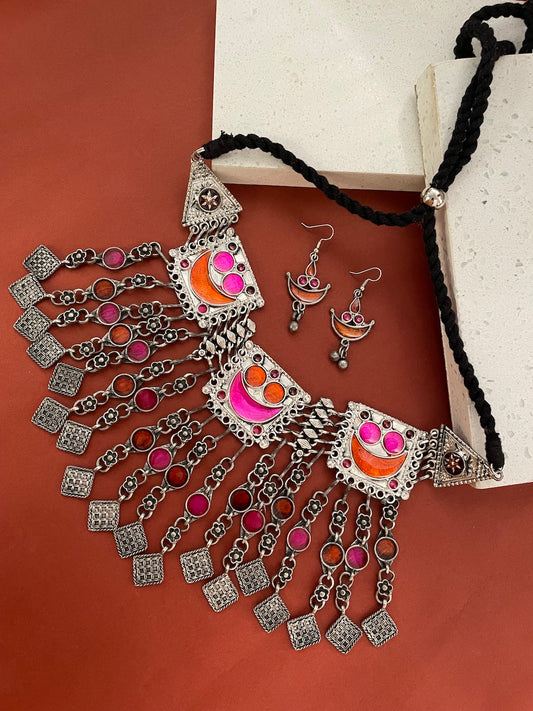 Navratri Garba Dandiya Boho Oxidized Long Necklace & Earring Set Banjara Tribal Multicolor Enamel Work