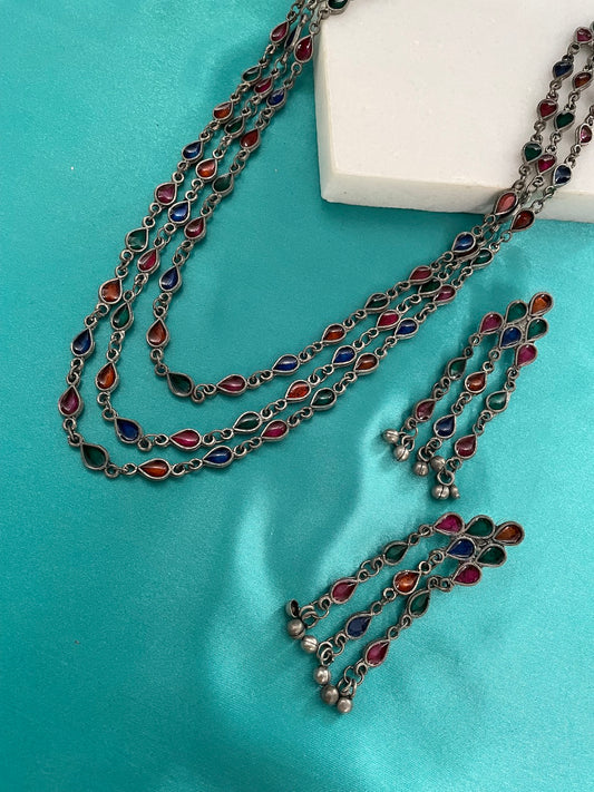 Navratri Garba Dandiya Boho Oxidized Long Necklace & Earring Set Banjara Tribal Multicolor Enamel Work