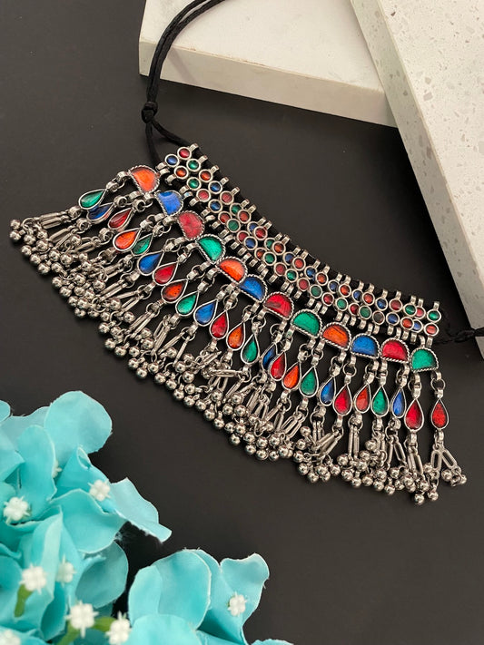 Navratri Garba Dandiya Boho Oxidized Long Necklace & Earring Set Banjara Tribal Multicolor Enamel Work