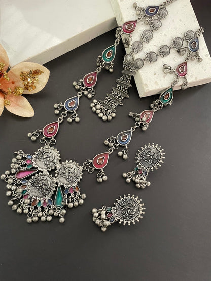 Navratri Garba Dandiya Boho Oxidized Long Necklace & Earring Set Banjara Tribal Multicolor Enamel Work