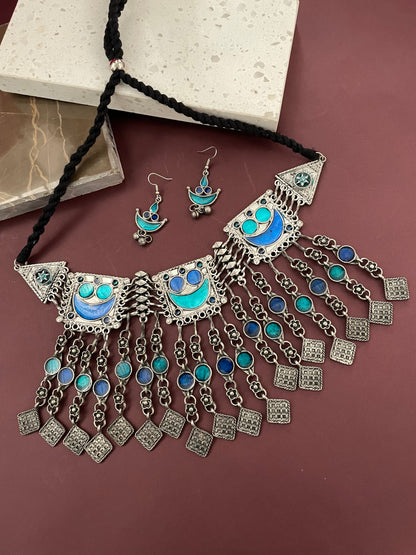 Navratri Garba Dandiya Boho Oxidized Long Necklace & Earring Set Banjara Tribal Multicolor Enamel Work