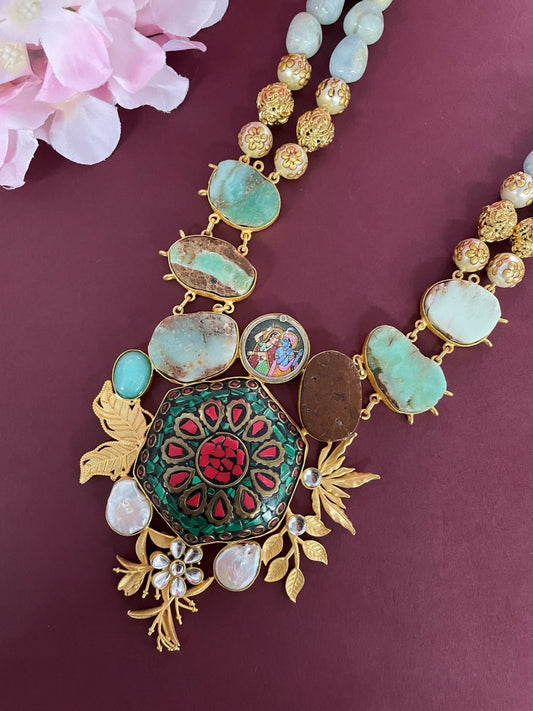 Unique Handmade Tibetan Gold Plated Necklace with Radha Krishna ,Pearls, Moonstone And Tiger Eye Semi Precious Stones