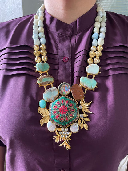 Unique Handmade Tibetan Gold Plated Necklace with Radha Krishna ,Pearls, Moonstone And Tiger Eye Semi Precious Stones