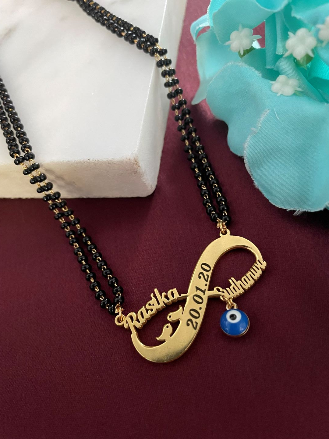 Custom 2 Name Infinity Two Line Short Mangalsutra with Date and Evil Eye