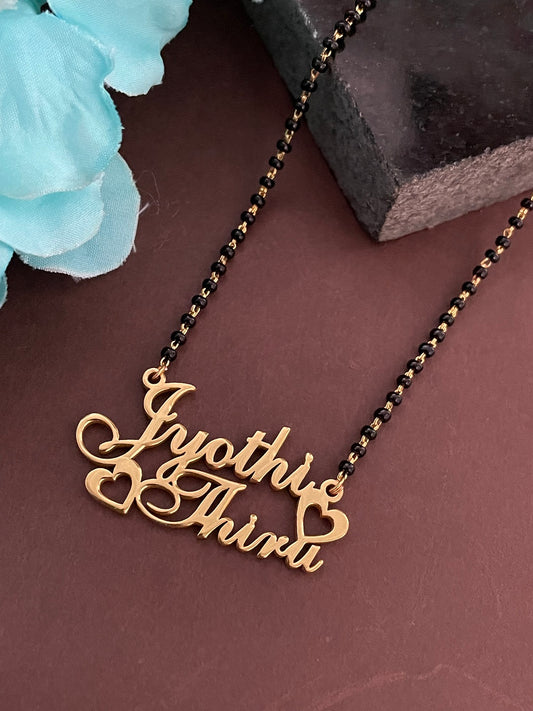 Cursive Name Long Mangalsutra With 2 Personalized Names Mini Hearts & Single Line Black Beaded Chain