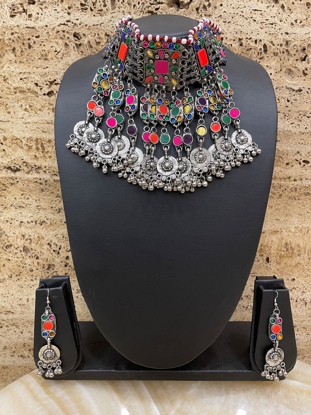 Heavy Colourful Afghani Choker Necklace Set