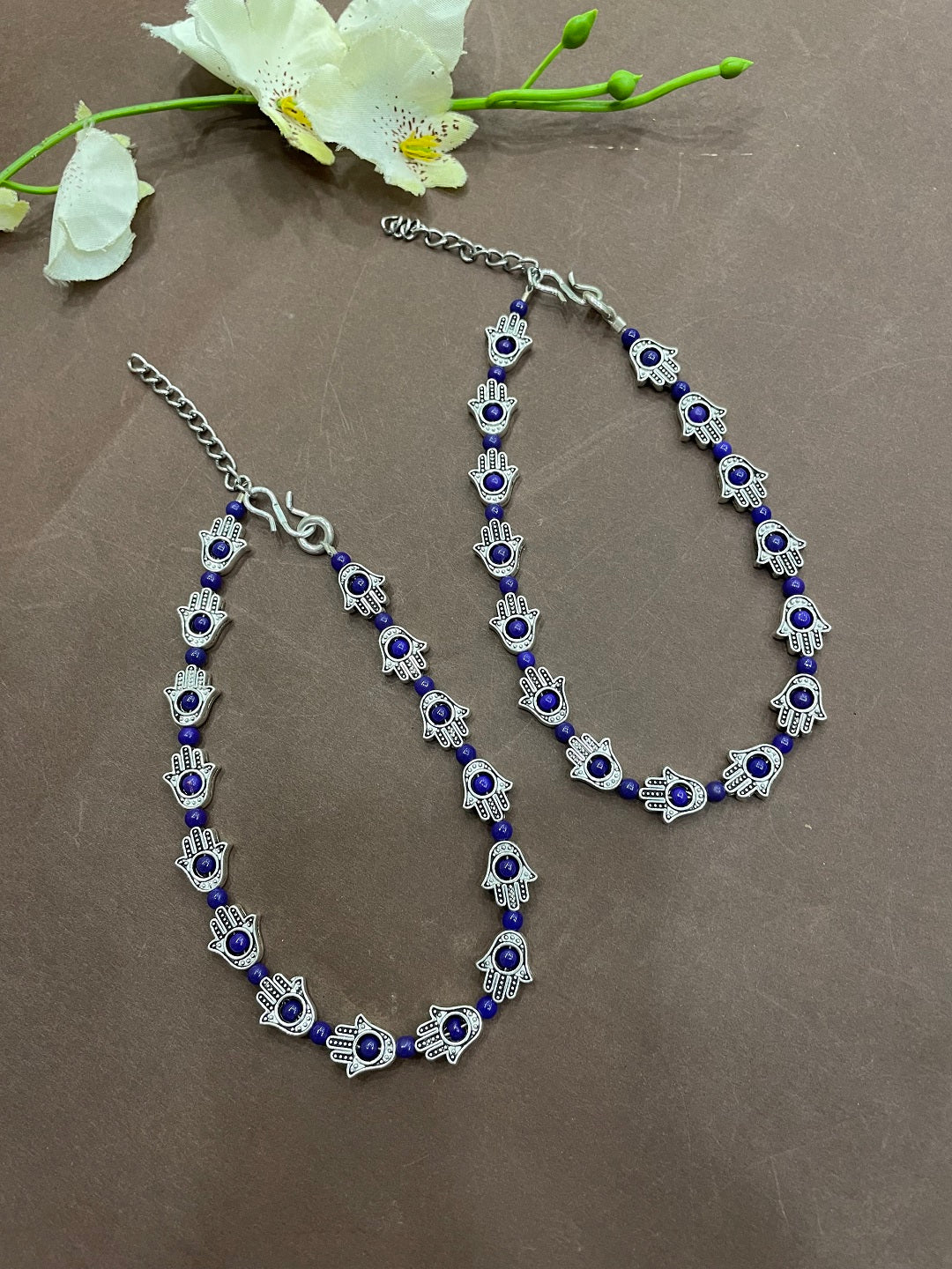 German Oxidised Silver Anklets Ethnic Blue Hamsa beads Payal Silver Plating Paijan Foot Jewellery